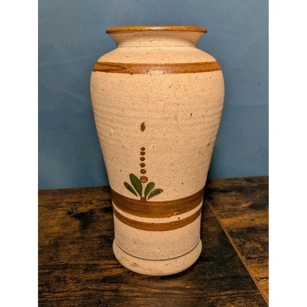 Tonala Pottery Hand Painted Vase Mexico Fish Birds Cattails Brown